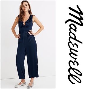 Madewell Satin Ruffle-Neck Jumpsuit - Dark Navy
